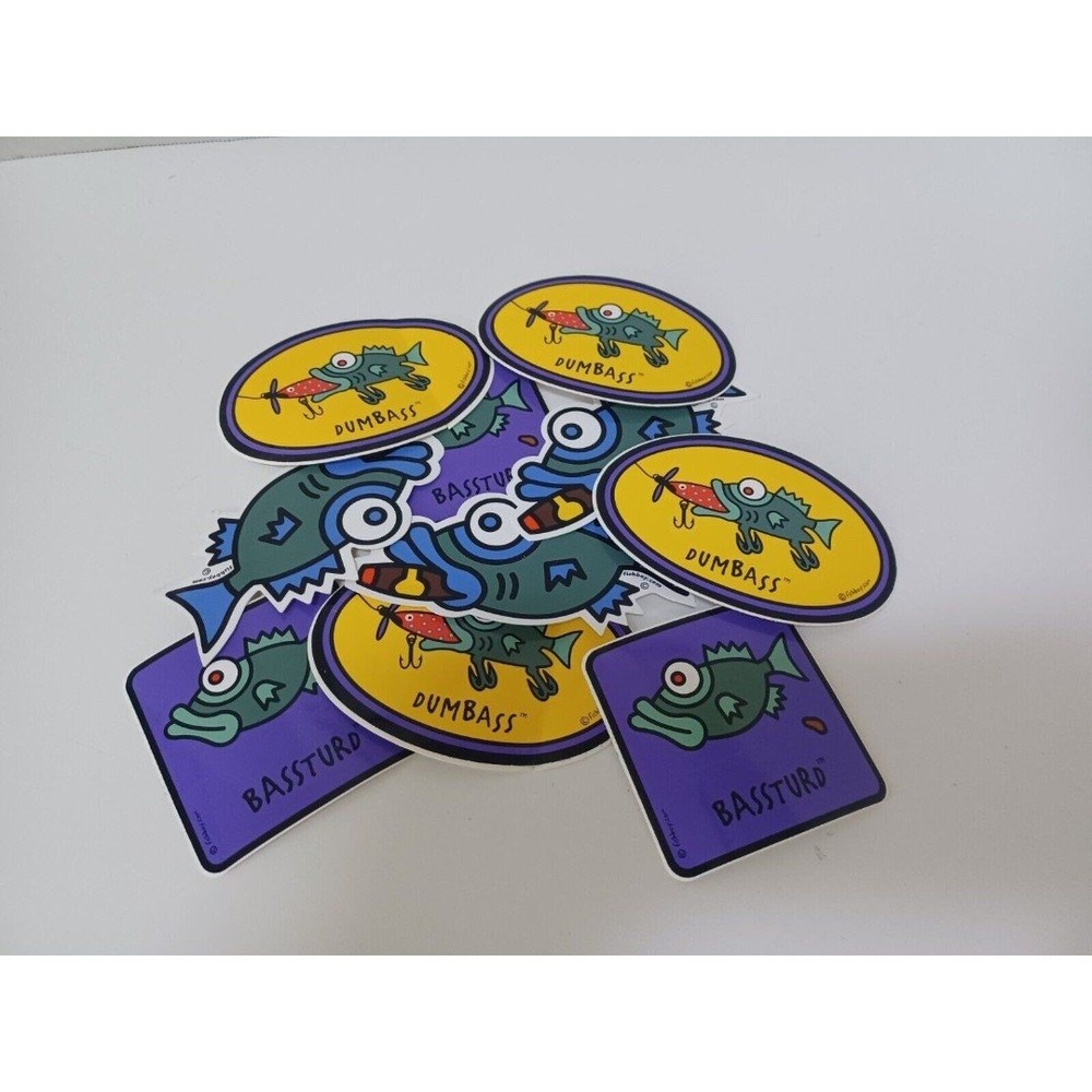 LOT of 20 Assorted Fishing Comical Stickers Dum Bass‎ Bass Turd Variety NEW